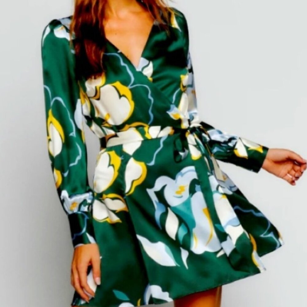 NWOT Reformation Chrissy Dress Floral Silk Wrap Mini Dress in Lyra Green XS $278 - Picture 11 of 14